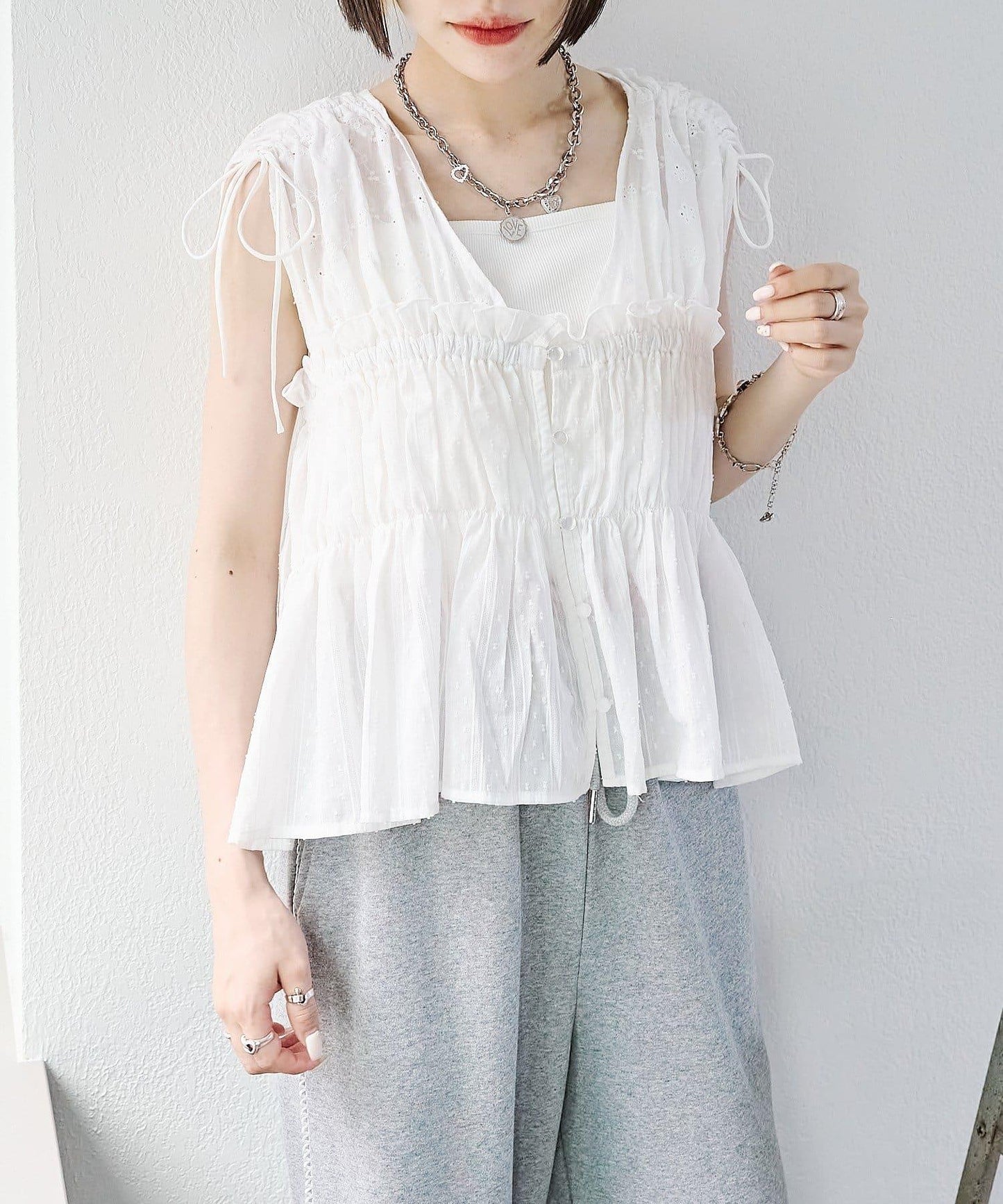 w closet 蕾絲拼接 抽繩 襯衫