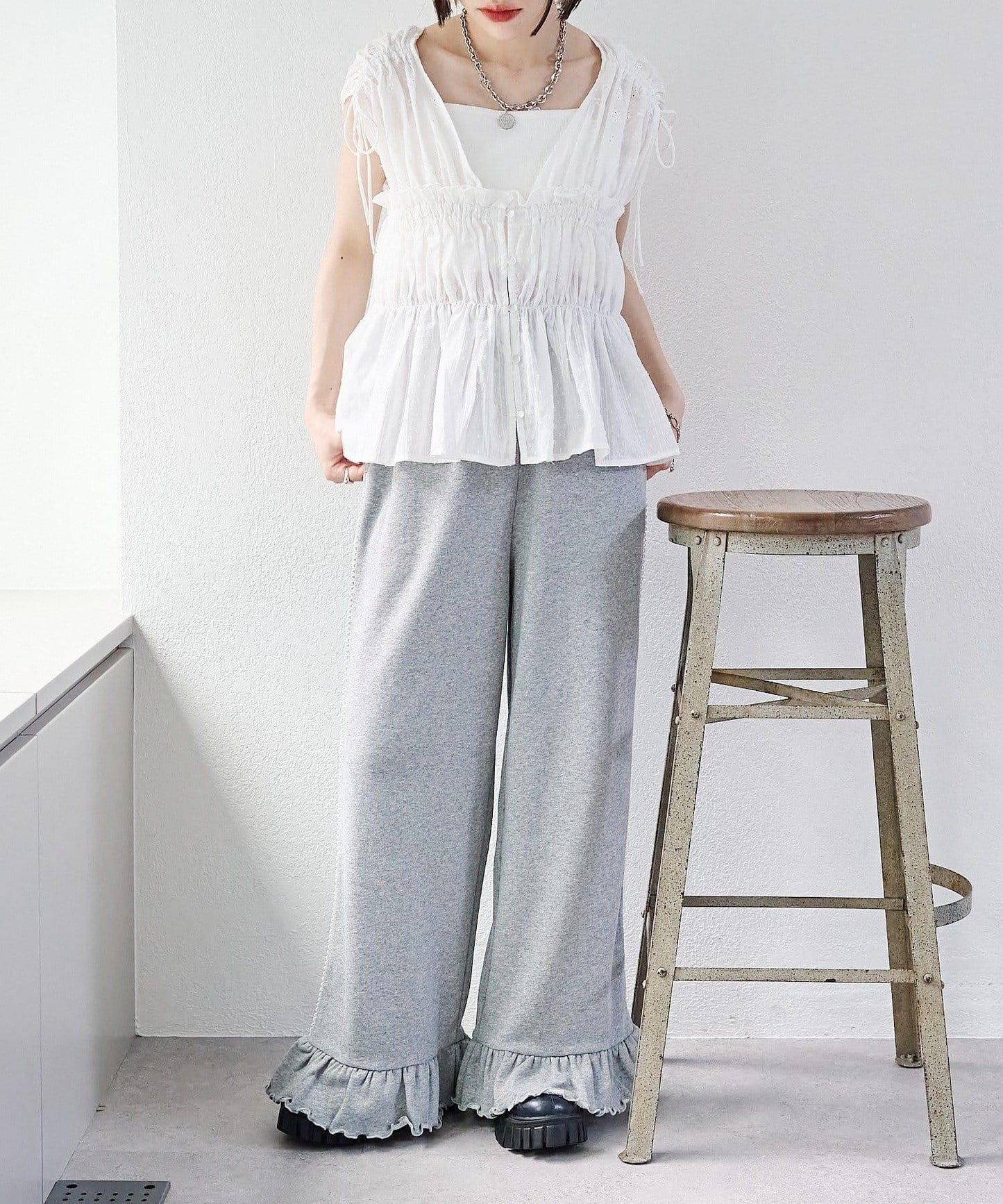 w closet 蕾絲拼接 抽繩 襯衫