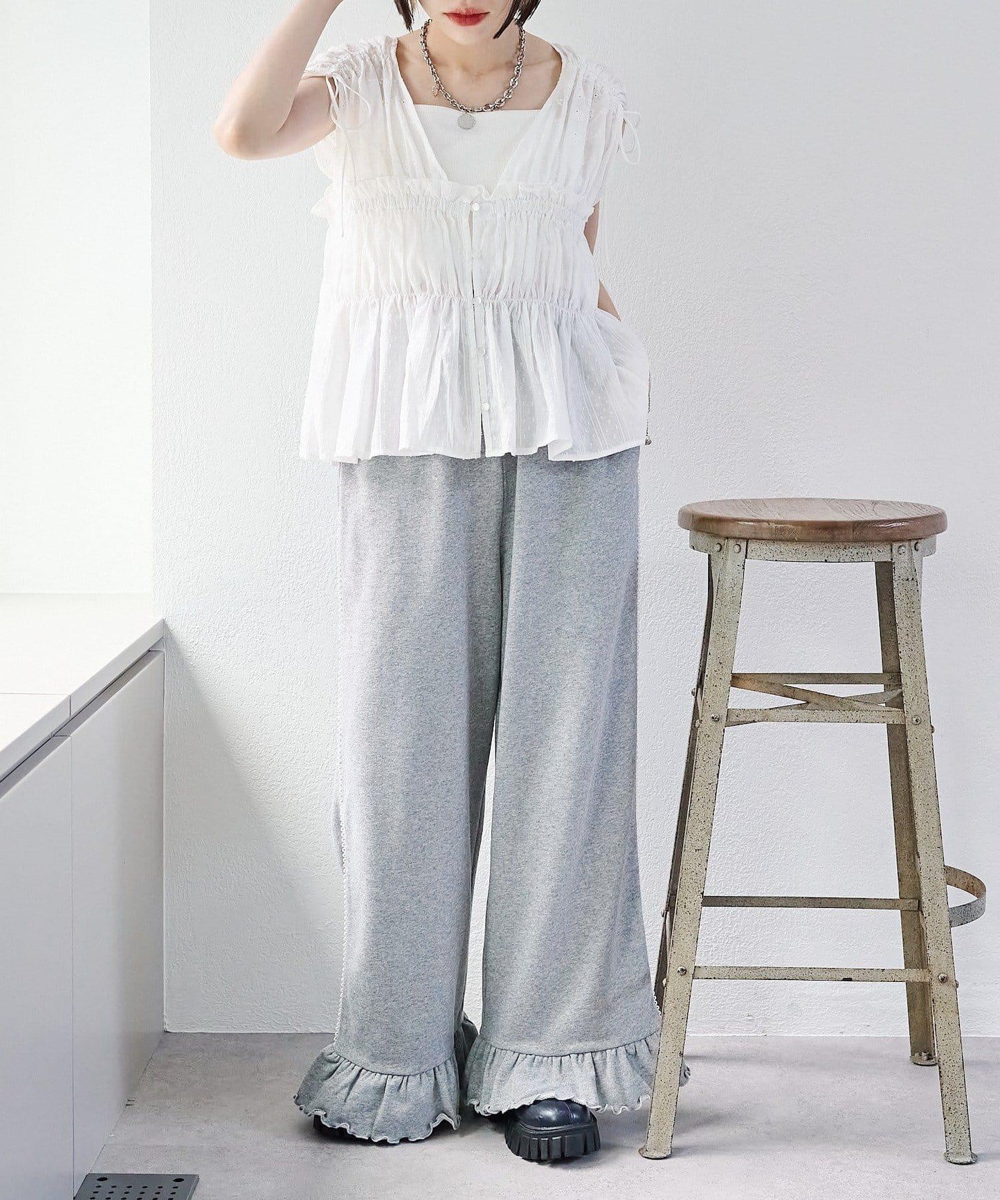 w closet 蕾絲拼接 抽繩 襯衫