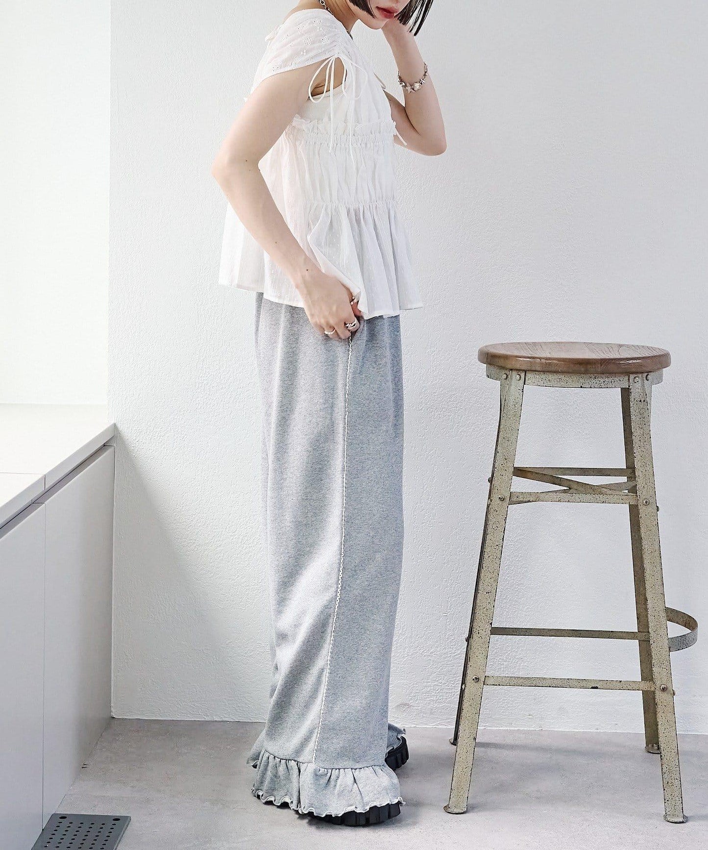 w closet 蕾絲拼接 抽繩 襯衫