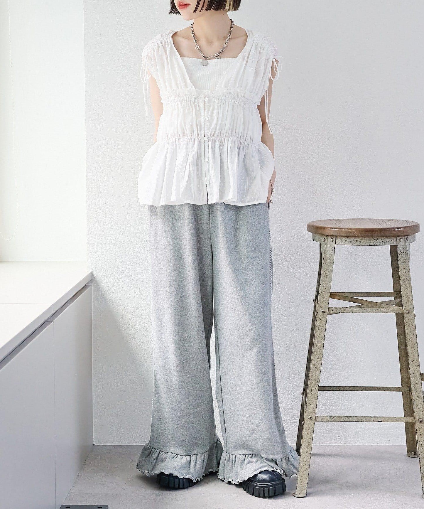 w closet 蕾絲拼接 抽繩 襯衫