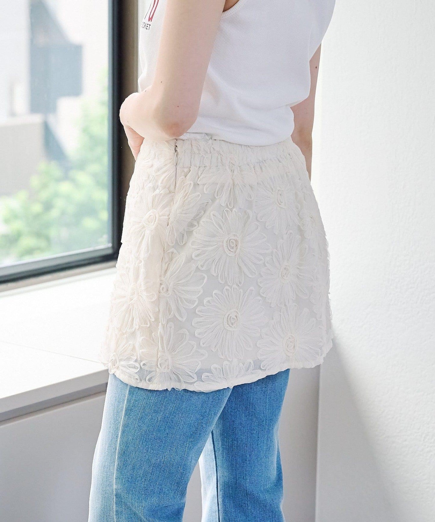 w closet 花卉蕾絲 迷你半身裙