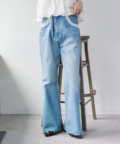 蕾絲拼接 喇叭 牛仔 褲子