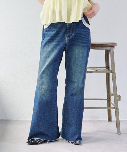 蕾絲拼接 喇叭 牛仔 褲子