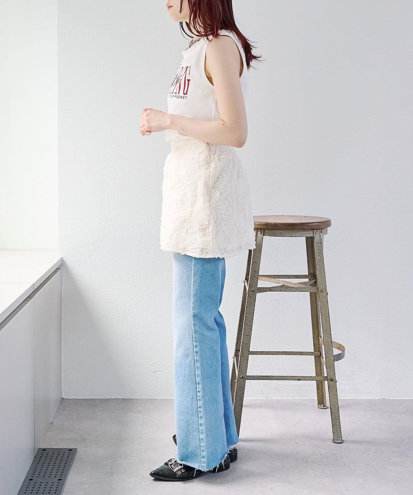 w closet 花卉蕾絲 迷你半身裙