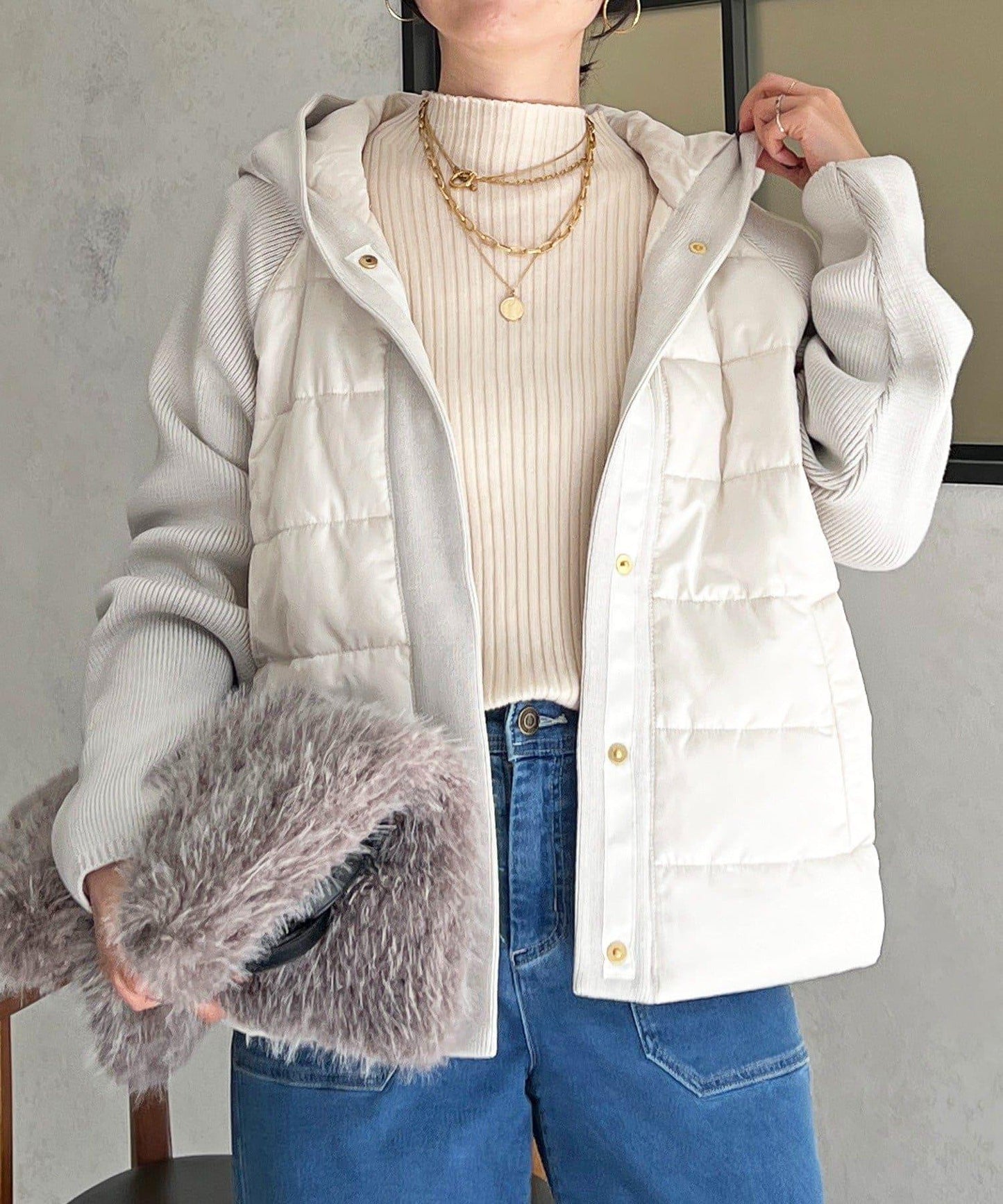 棉填充針織連帽夾克