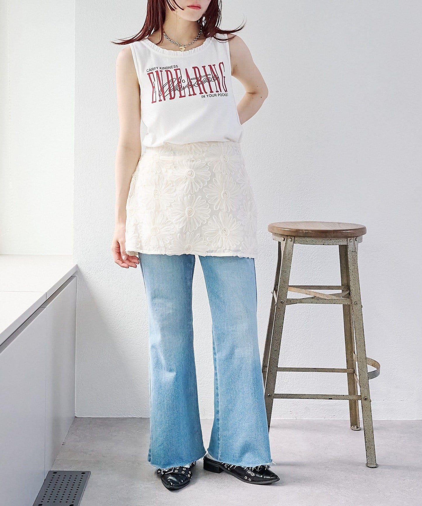 w closet 花卉蕾絲 迷你半身裙