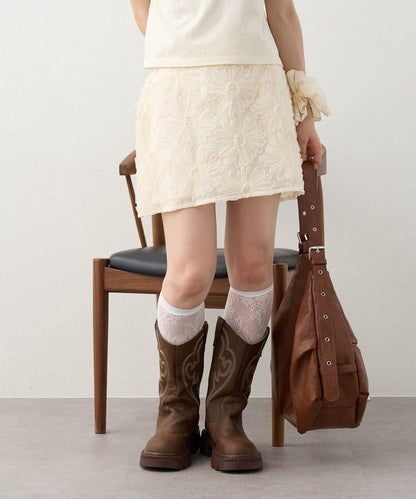 w closet 花卉蕾絲 迷你半身裙