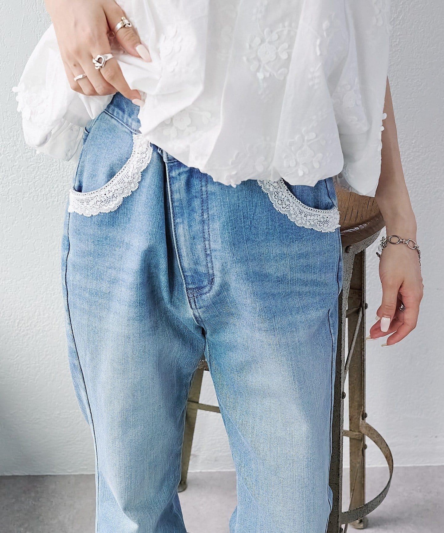 蕾絲拼接 喇叭 牛仔 褲子