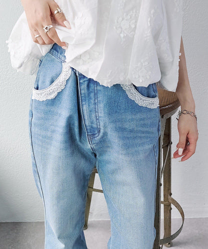 蕾絲拼接 喇叭 牛仔 褲子