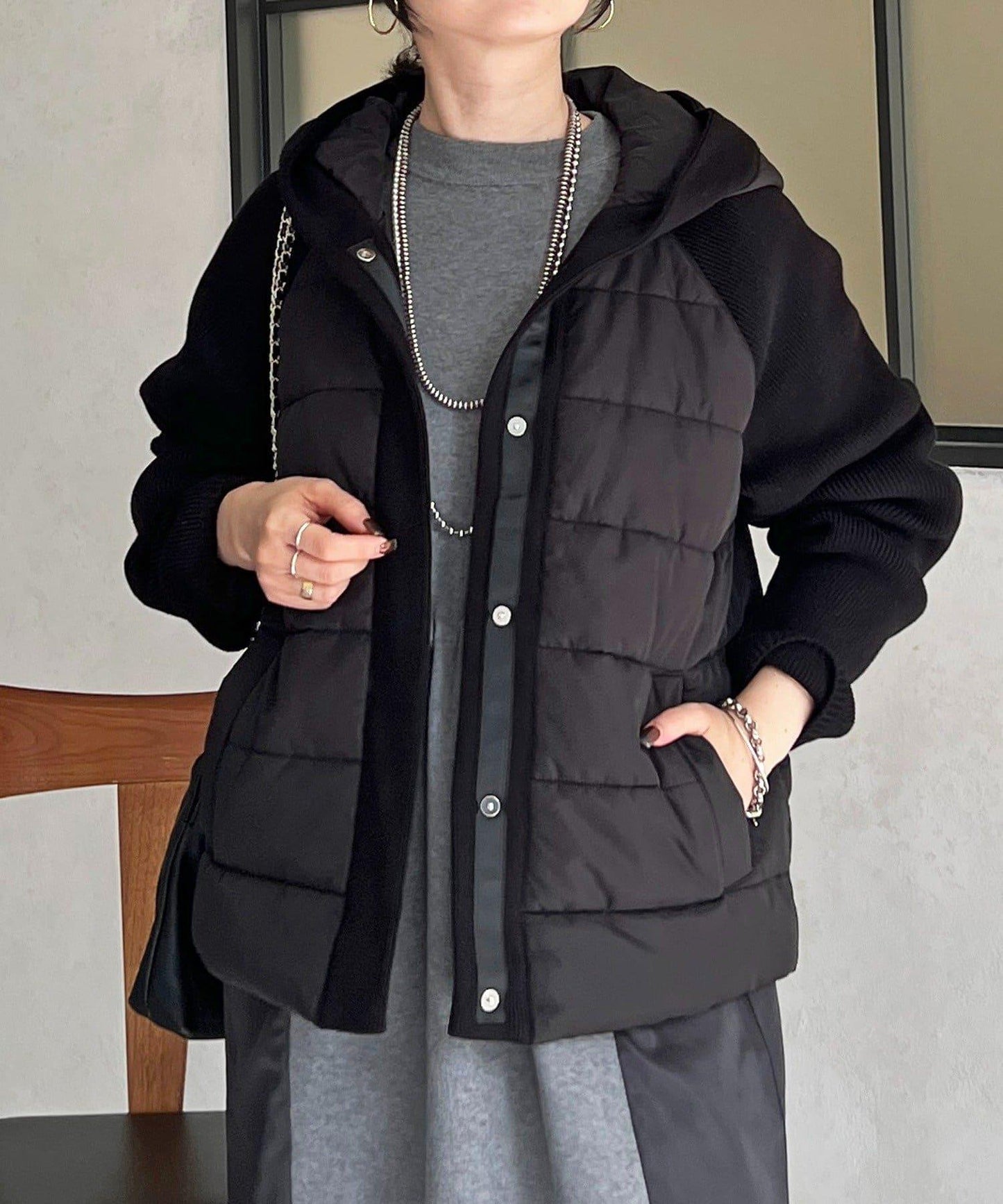 棉填充針織連帽夾克