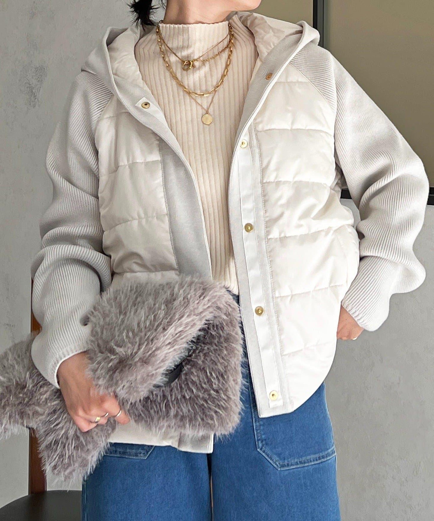 棉填充針織連帽夾克