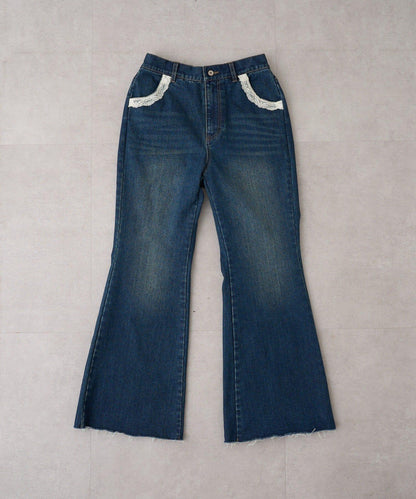 蕾絲拼接 喇叭 牛仔 褲子