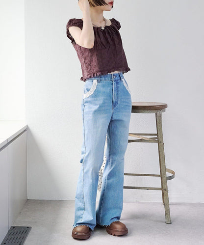 蕾絲拼接 喇叭 牛仔 褲子