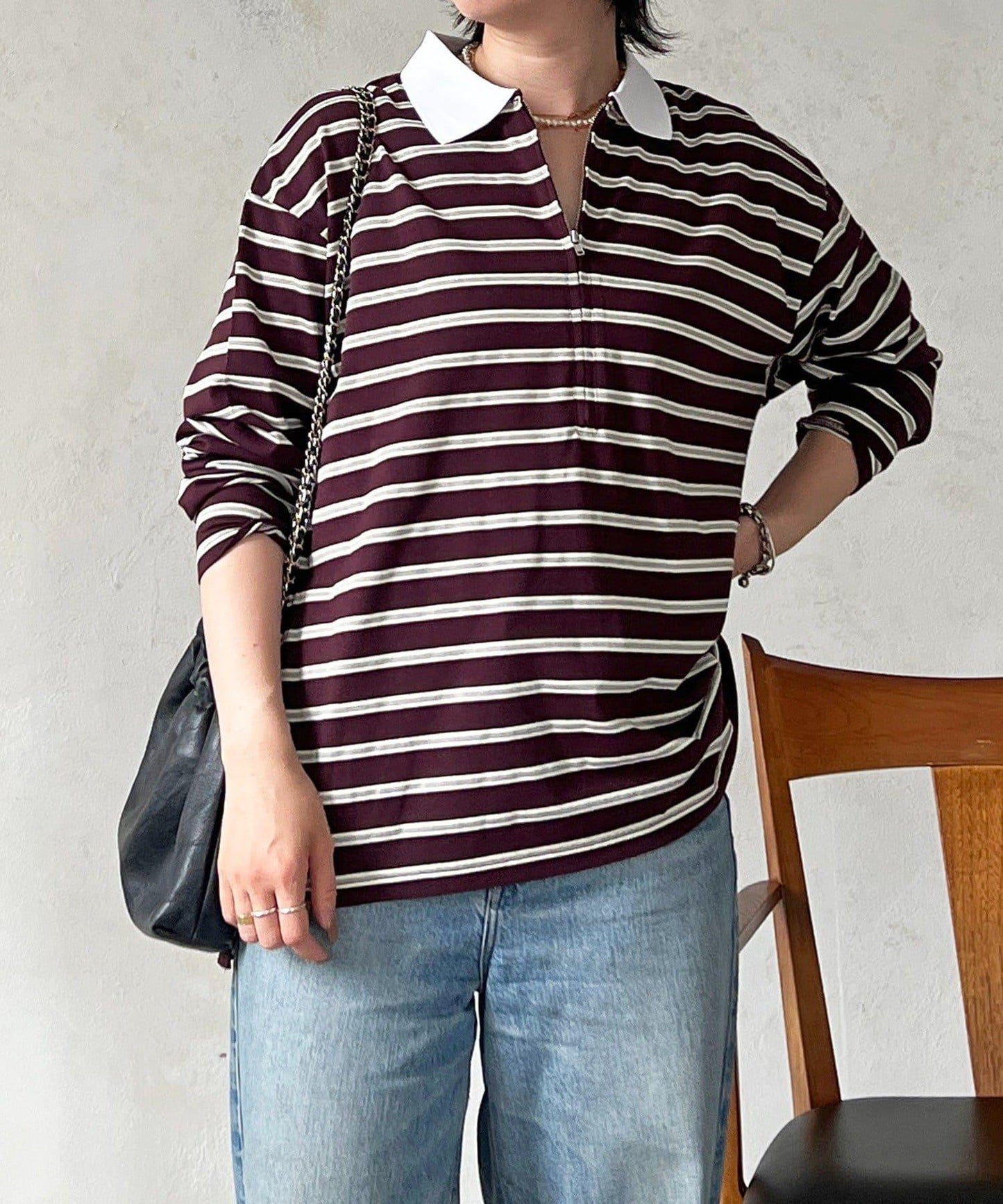 拉鍊條紋長袖套頭衫