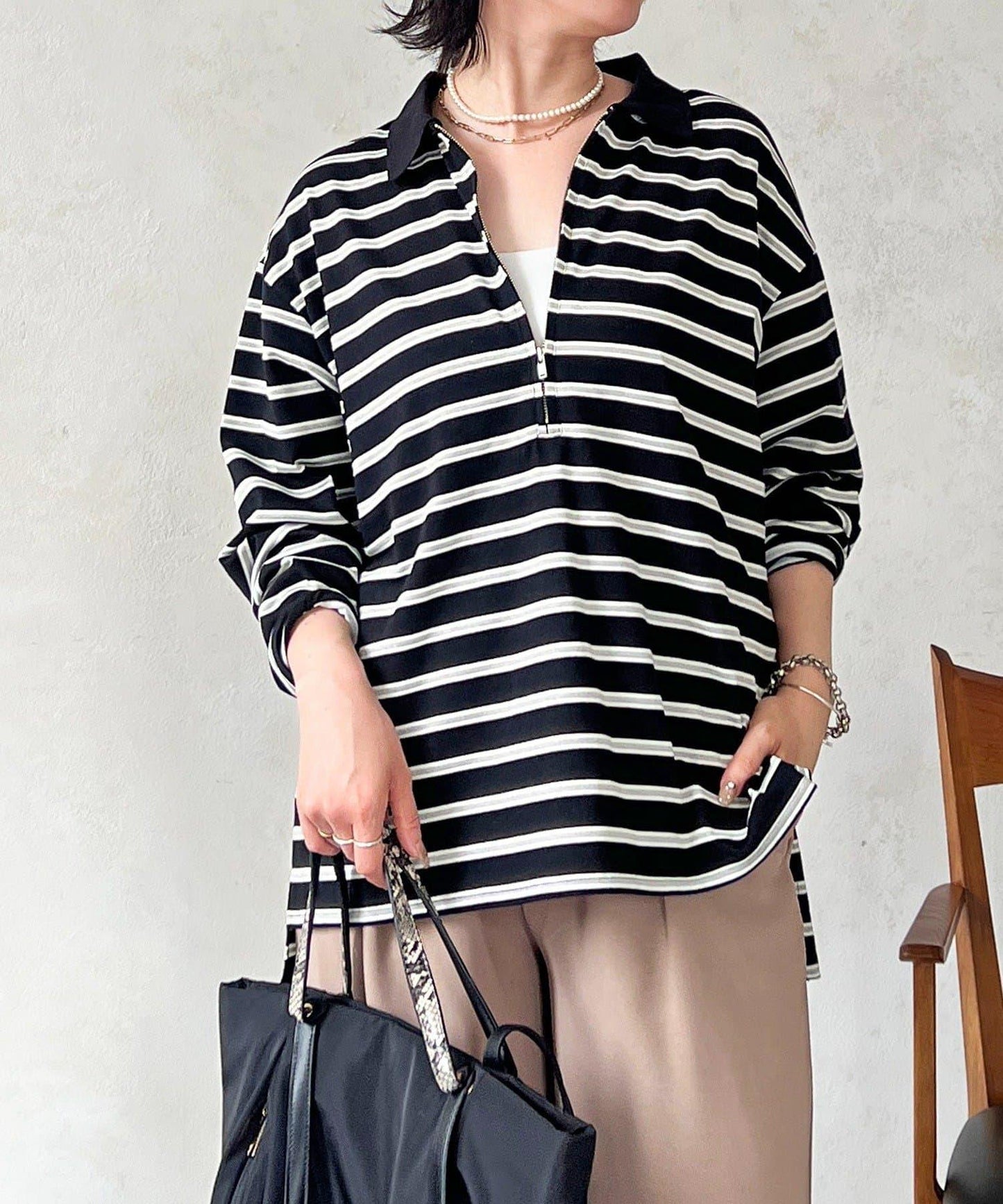 拉鍊條紋長袖套頭衫