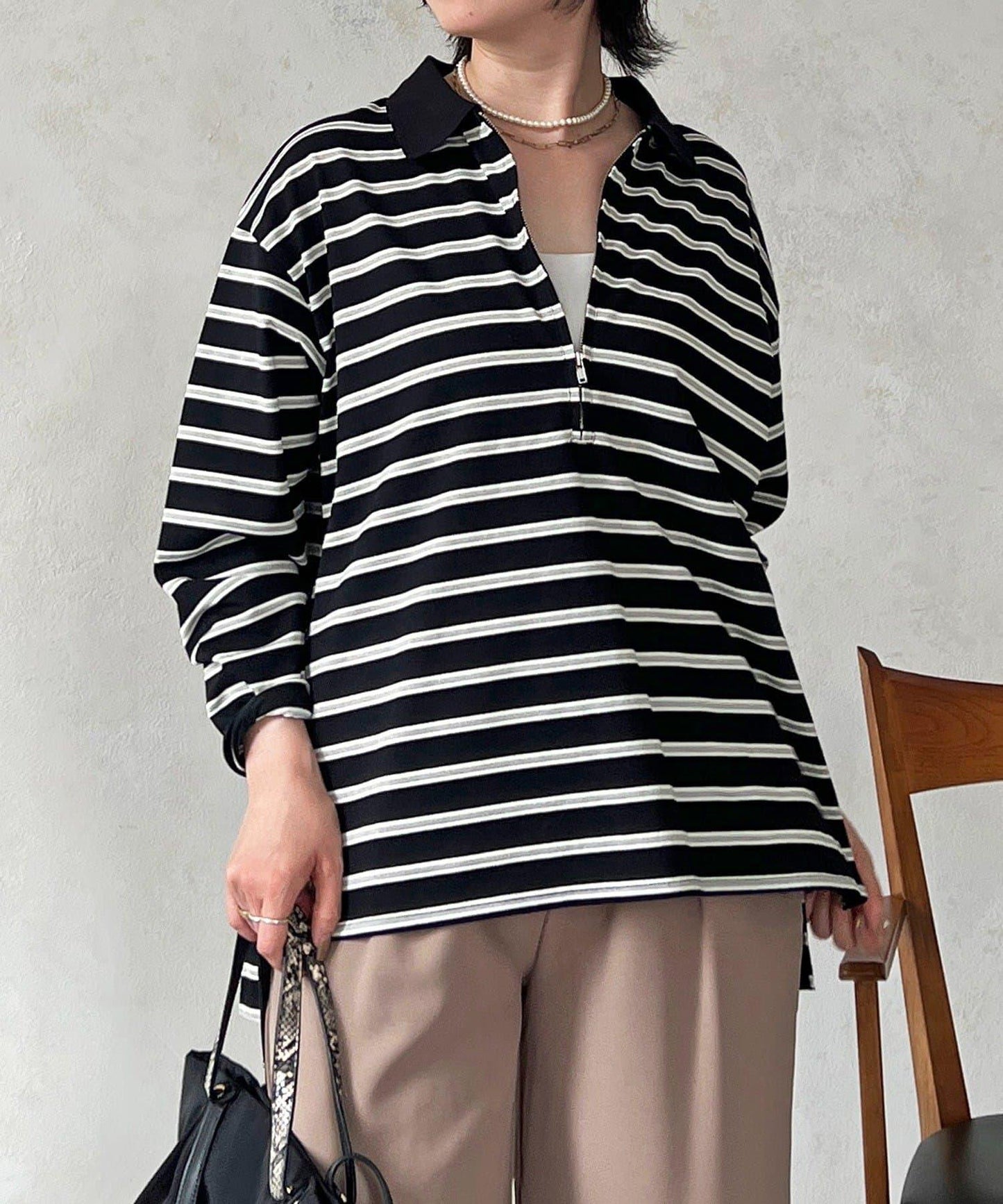 拉鍊條紋長袖套頭衫