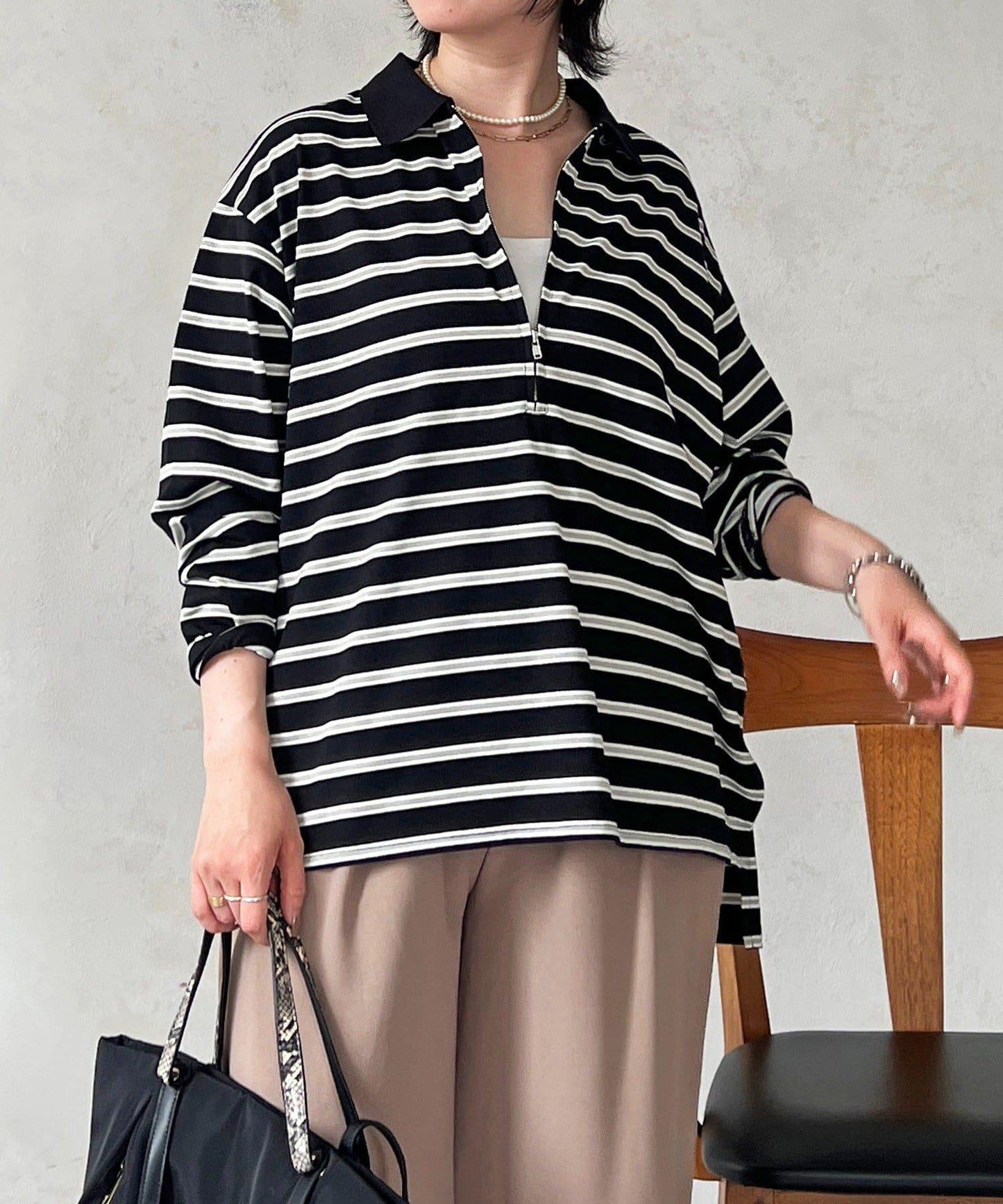 拉鍊條紋長袖套頭衫