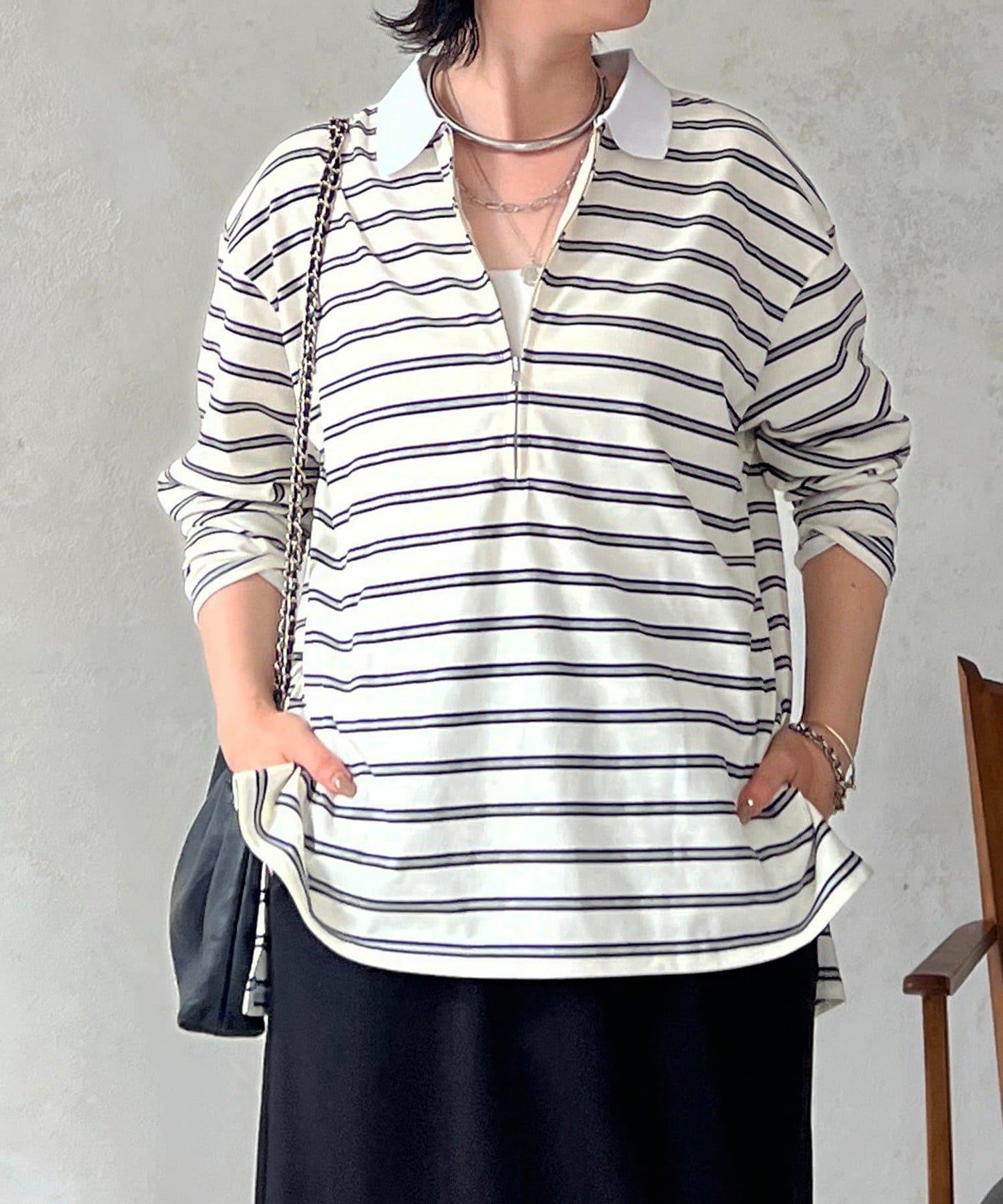 拉鍊條紋長袖套頭衫