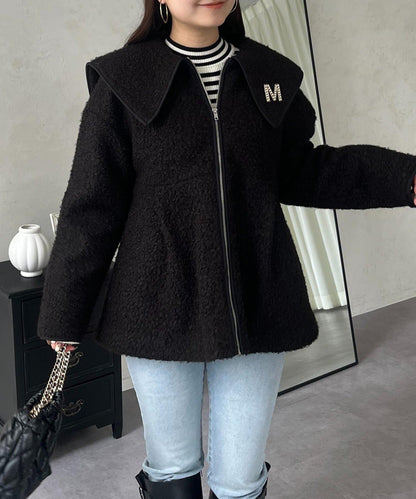 大翻領絎縫荷葉邊短外套