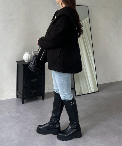 大翻領絎縫荷葉邊短外套