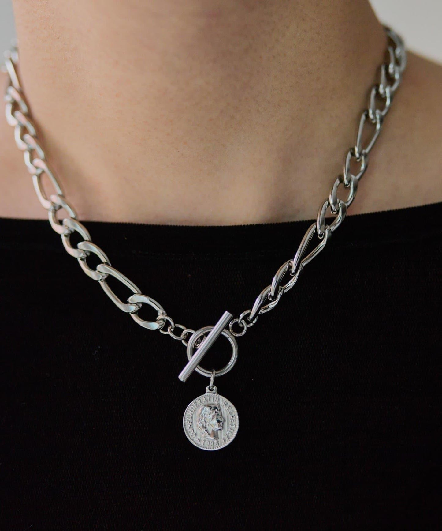 金屬過敏適用/不鏽鋼 帶硬幣吊墜菲加羅鏈項鍊