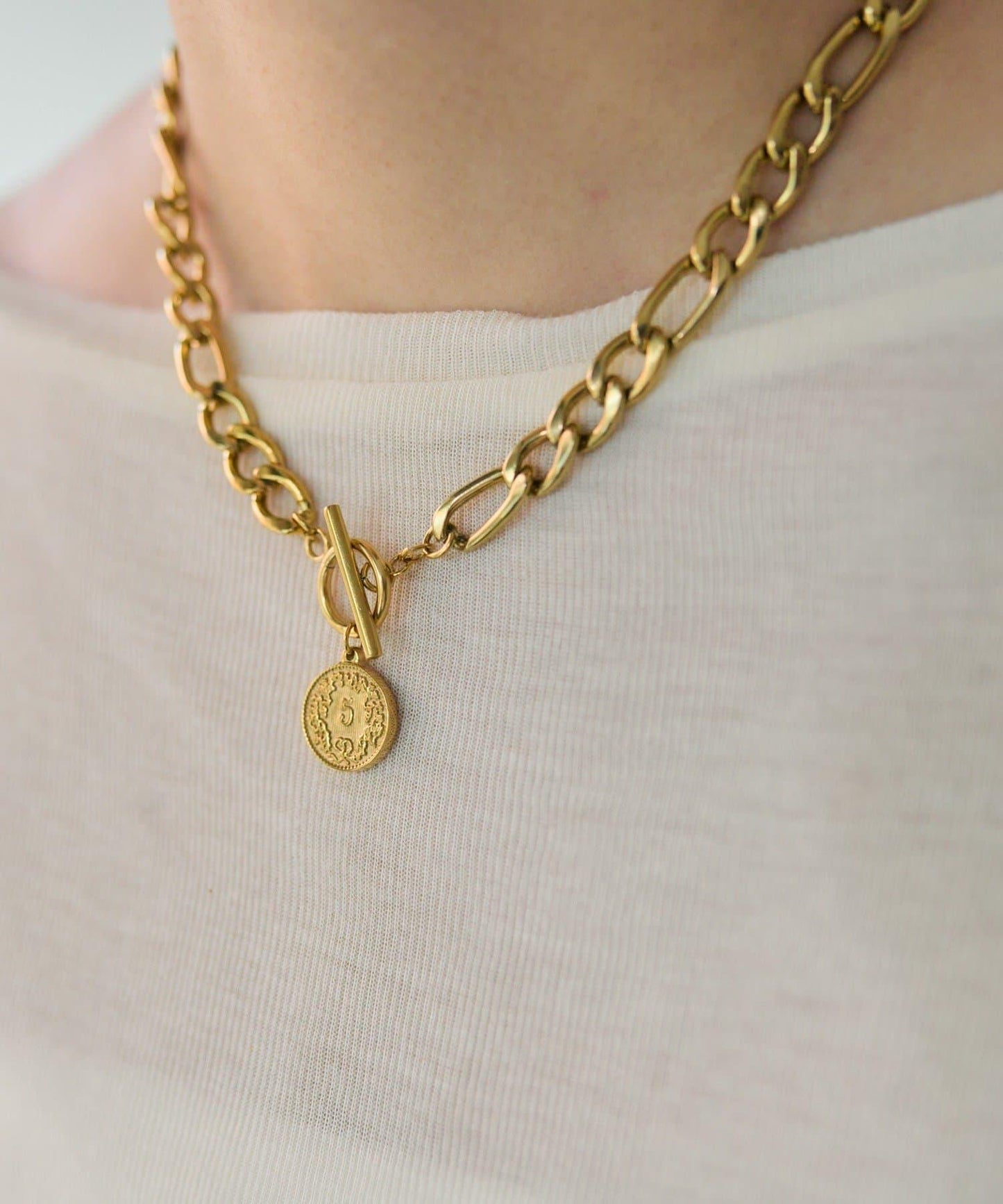 金屬過敏適用/不鏽鋼 帶硬幣吊墜菲加羅鏈項鍊