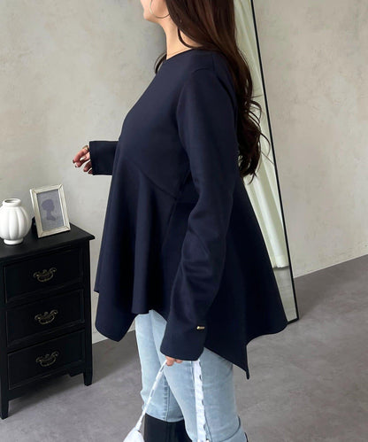 不規則下襬弧形荷葉邊長袖T恤