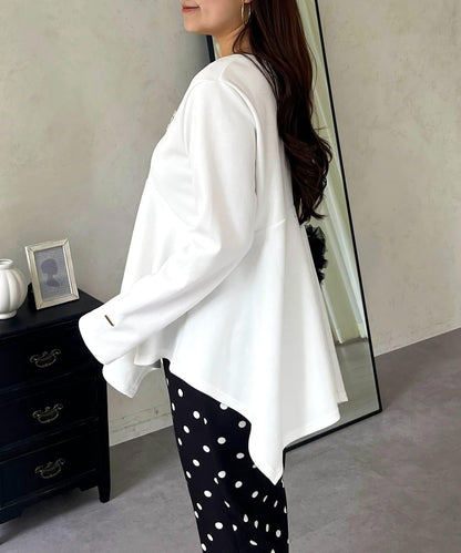 不規則下襬弧形荷葉邊長袖T恤