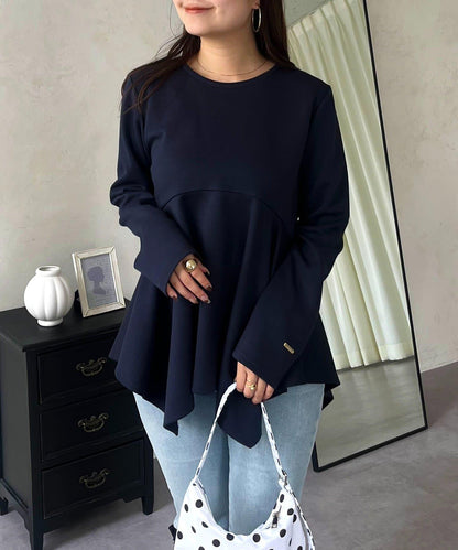 不規則下襬弧形荷葉邊長袖T恤