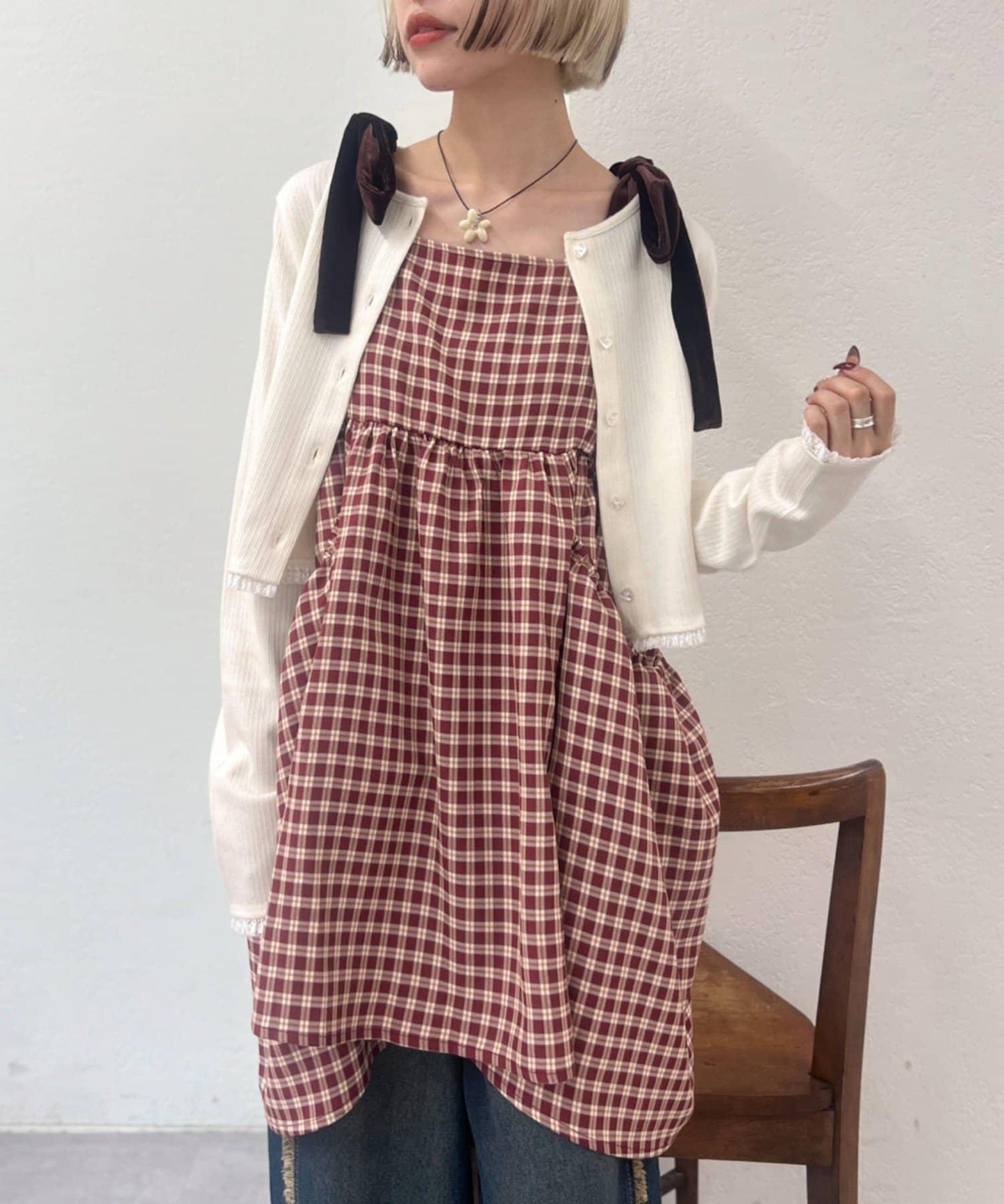 肩帶蝴蝶結格紋吊帶連衣裙