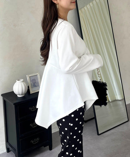 不規則下襬弧形荷葉邊長袖T恤