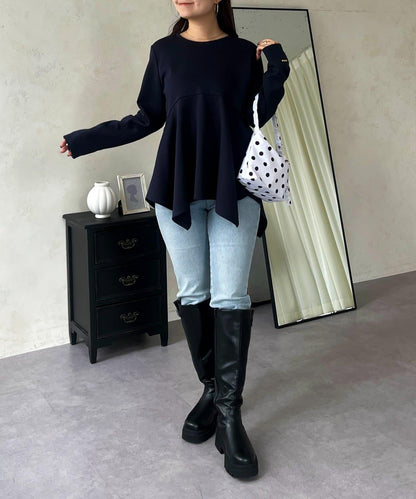 不規則下襬弧形荷葉邊長袖T恤