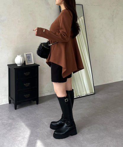 不規則下襬弧形荷葉邊長袖T恤