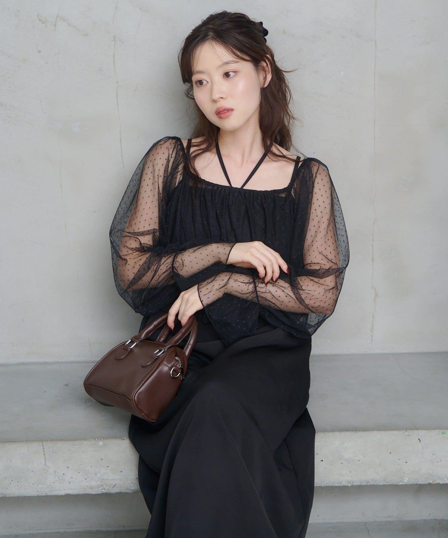 荷葉邊薄紗拼接繫帶連衣裙套裝