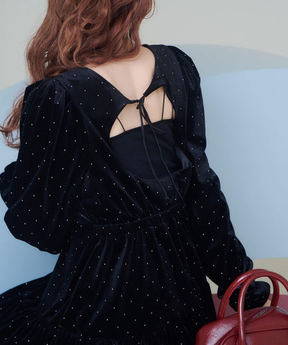 天鵝絨鉚釘裝飾迷你連衣裙