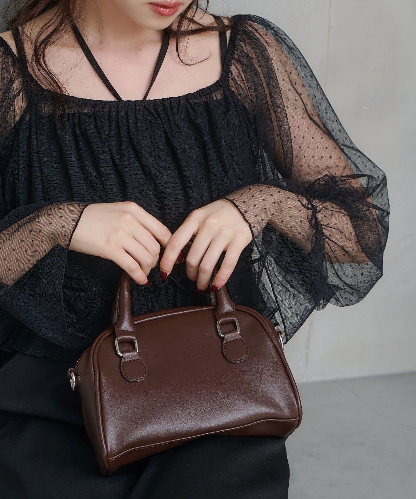 荷葉邊薄紗拼接繫帶連衣裙套裝