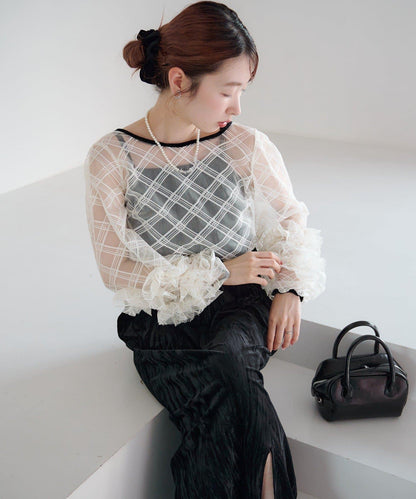 透視格紋×天鵝絨連衣裙套裝