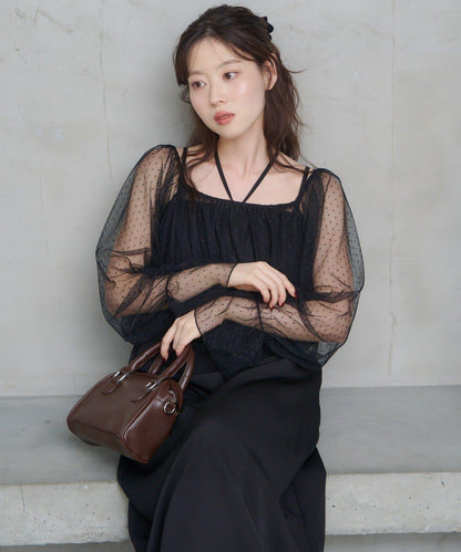 荷葉邊薄紗拼接繫帶連衣裙套裝