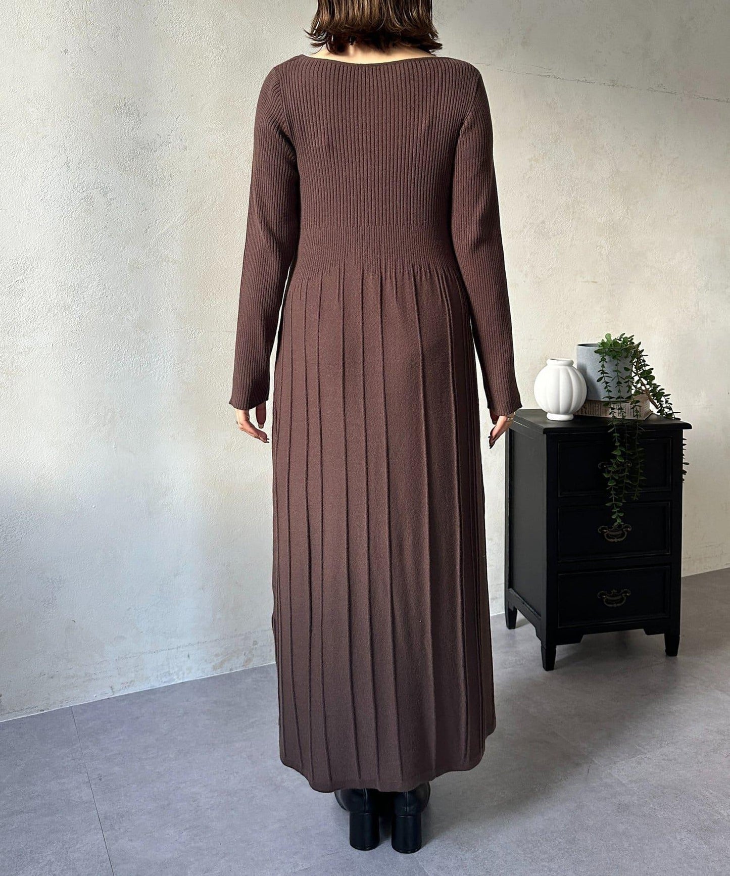 垂領拼接羅紋針織連衣裙