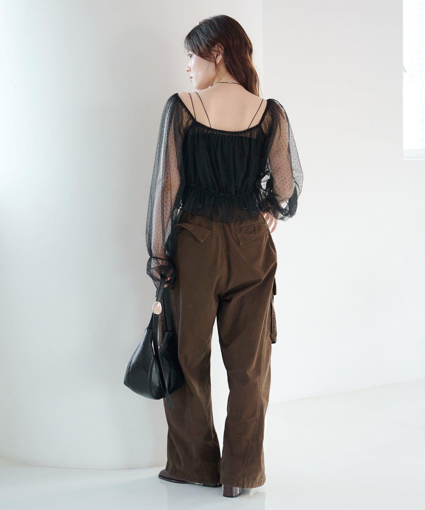 荷葉邊薄紗拼接繫帶連衣裙套裝