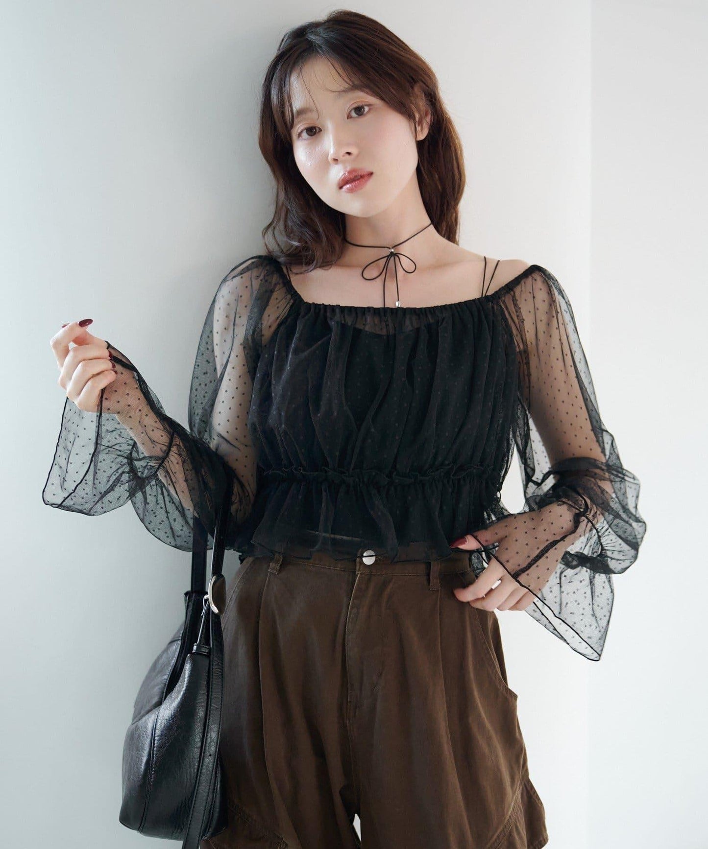 荷葉邊薄紗拼接繫帶連衣裙套裝