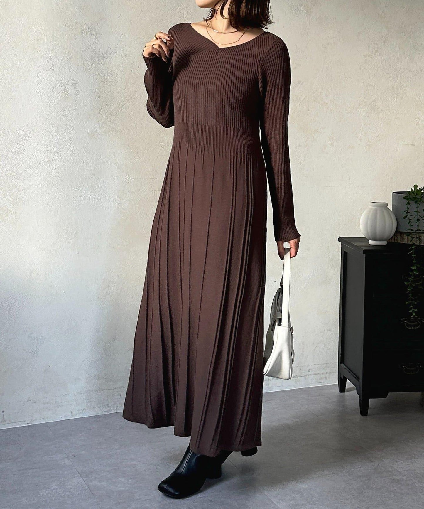 垂領拼接羅紋針織連衣裙