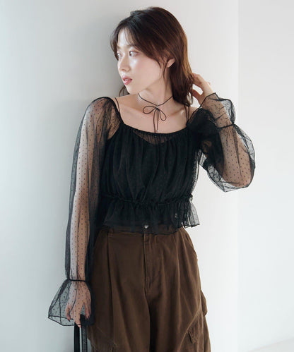 荷葉邊薄紗拼接繫帶連衣裙套裝