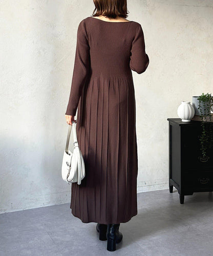 垂領拼接羅紋針織連衣裙