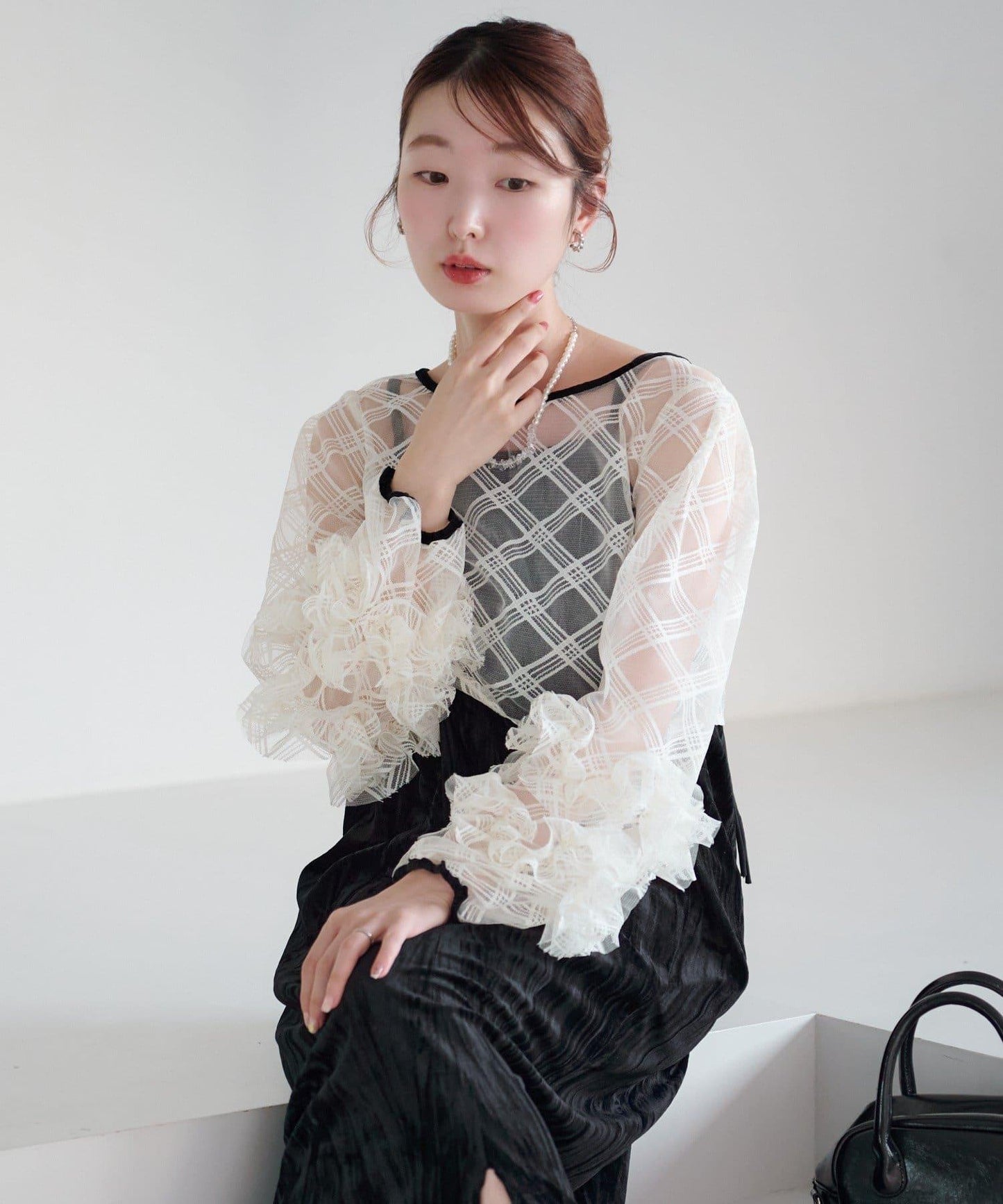 透視格紋×天鵝絨連衣裙套裝