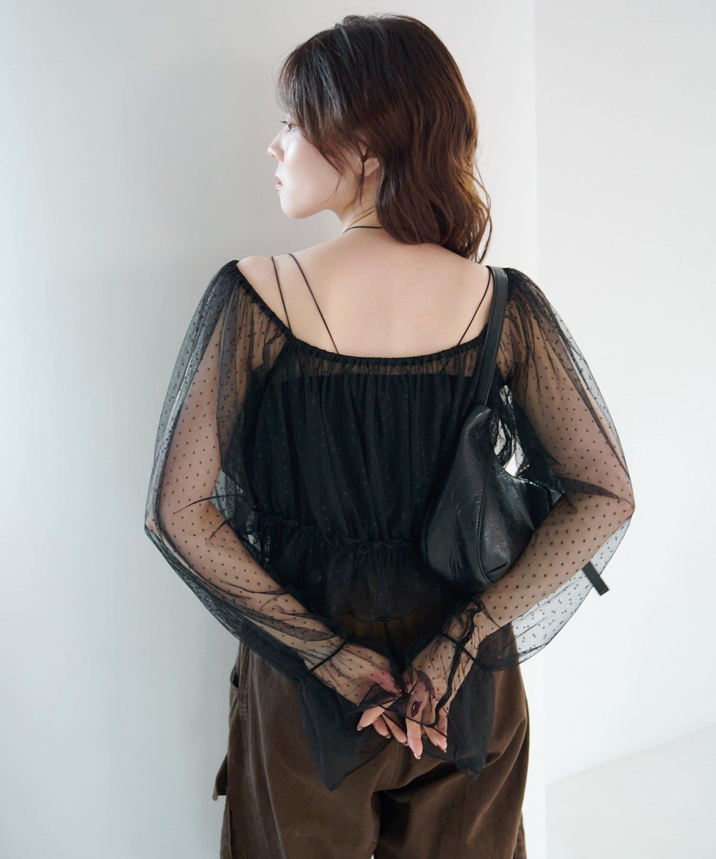 荷葉邊薄紗拼接繫帶連衣裙套裝