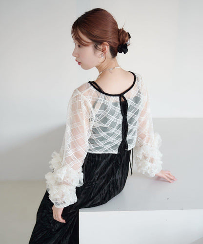 透視格紋×天鵝絨連衣裙套裝