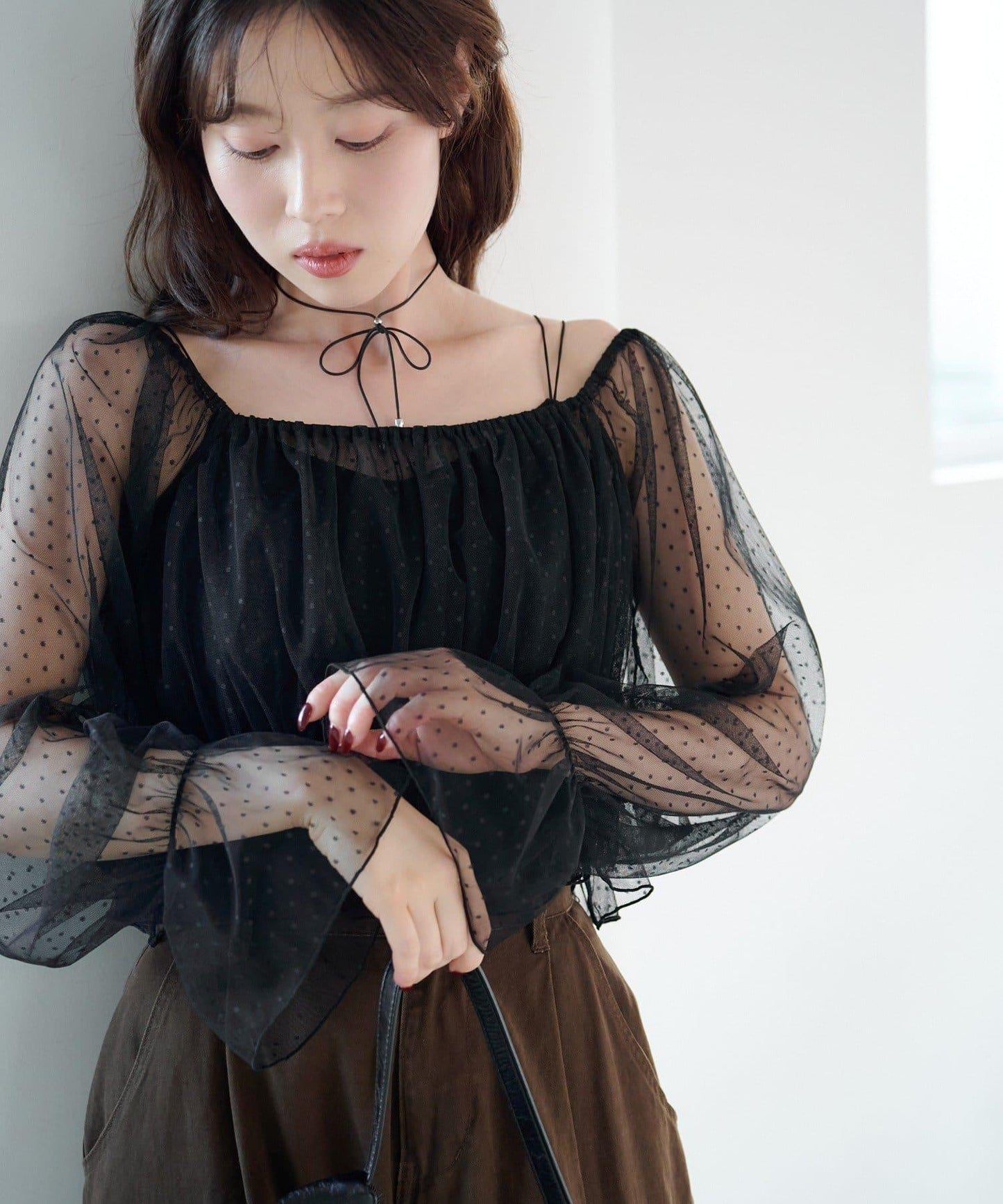 荷葉邊薄紗拼接繫帶連衣裙套裝