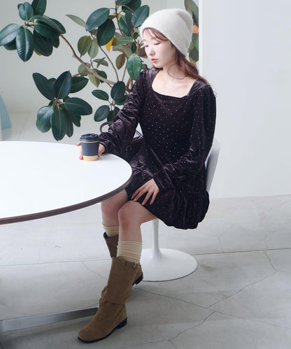 天鵝絨鉚釘裝飾迷你連衣裙